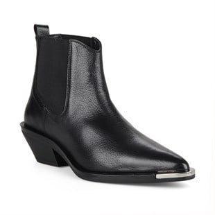 Siyah Deri Lastikli Kadın Kovboy Botu Kyoto