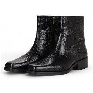 Black Crocodile Embossed Genuine Leather Zipper Boots Chester