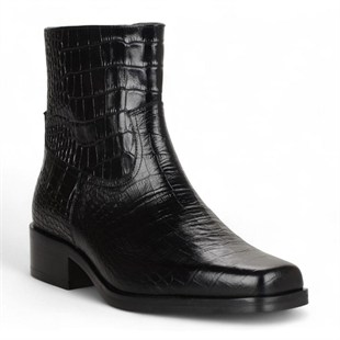 Black Crocodile Embossed Genuine Leather Zipper Boots Chester