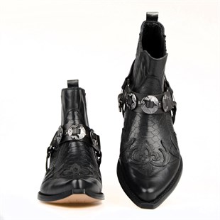 Black Leather Mens Western Cowboy Ankle Boots