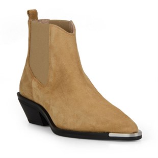 Women Chelsea Western Boots Suede Beige Leather with Metal Decoration Kyoto