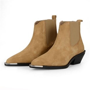 Women Chelsea Western Boots Suede Beige Leather with Metal Decoration Kyoto