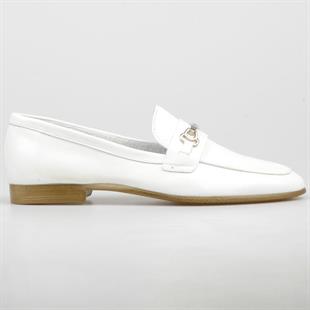 Toka Detaylı Loafer Kadın Ayakkabı Beyaz Deri