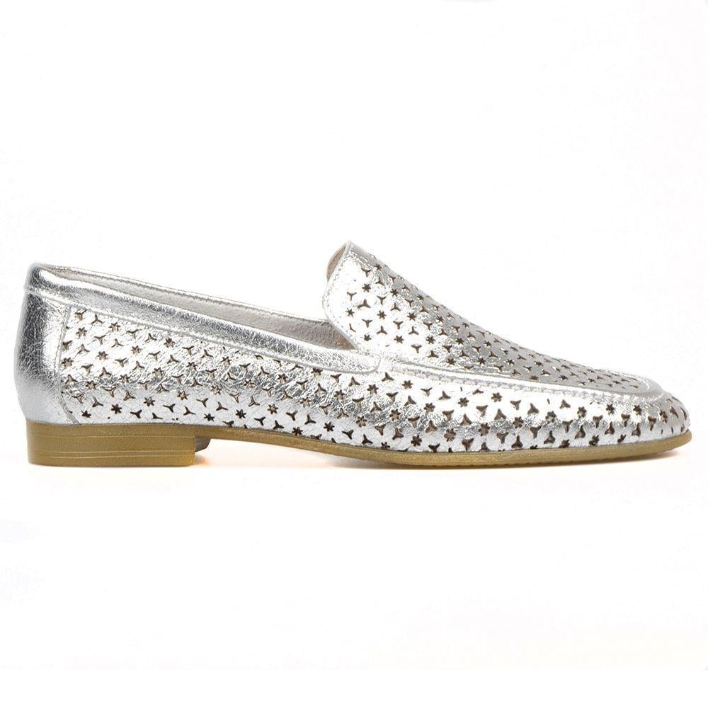 FootCourt Women's Slip On Loafers Silver Metallic Silver
