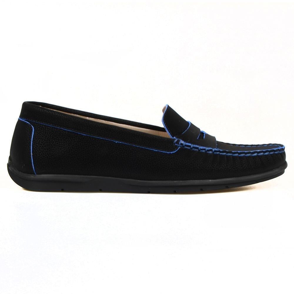 FootCourt Women's Slip On Leather Loafers Black-Blue