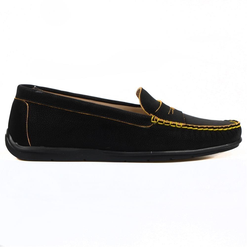 FootCourt Women's Slip On Leather Loafers Black-Yellow