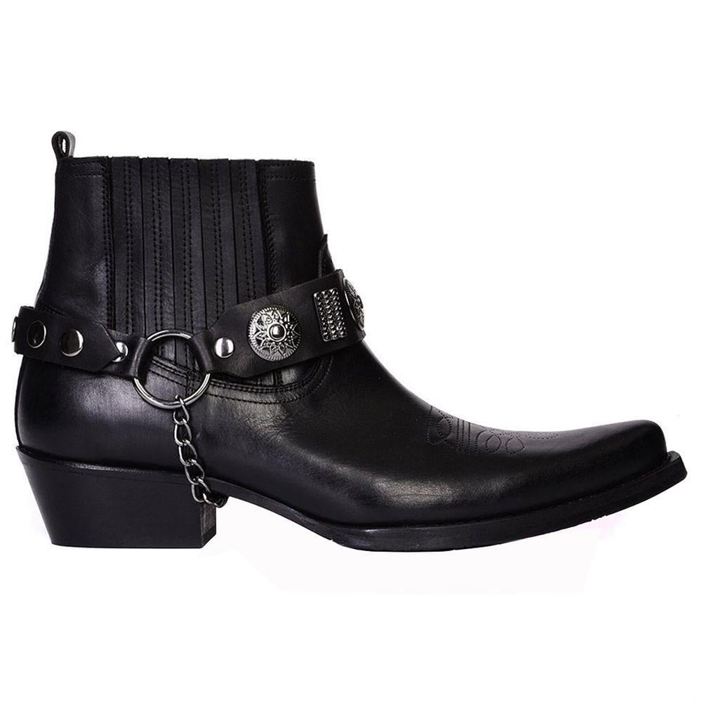 Black Leather Men's Big Size Western Ankle Boots