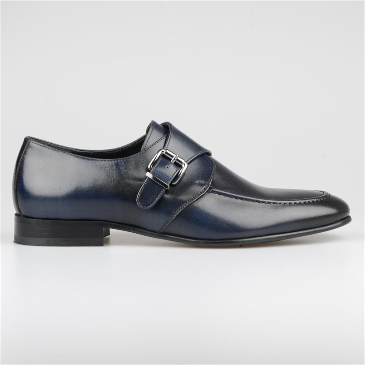 Dark Blue Men's Leather Buckle Detailed Shoes