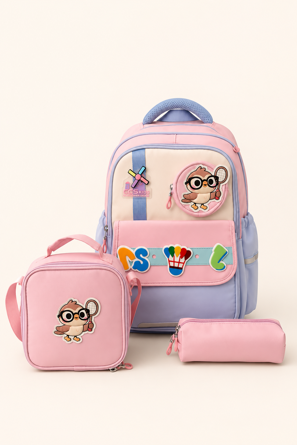 CCS Kids Kız Çocuk İlkokul 3lü Okul Çantası Seti Beslenme Çantası Kalemlik Pembe Mavi Ortopedik