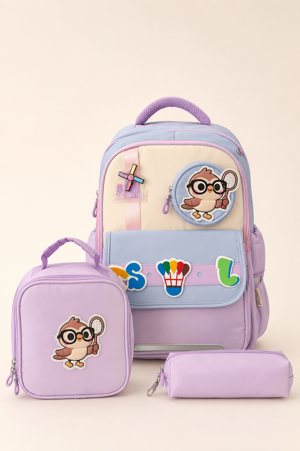 CCS Kids Kız Çocuk İlkokul Okul Çantası 3lü Set Beslenme Çantası Kalemlik Ortopedik Çok Gözlü Lila