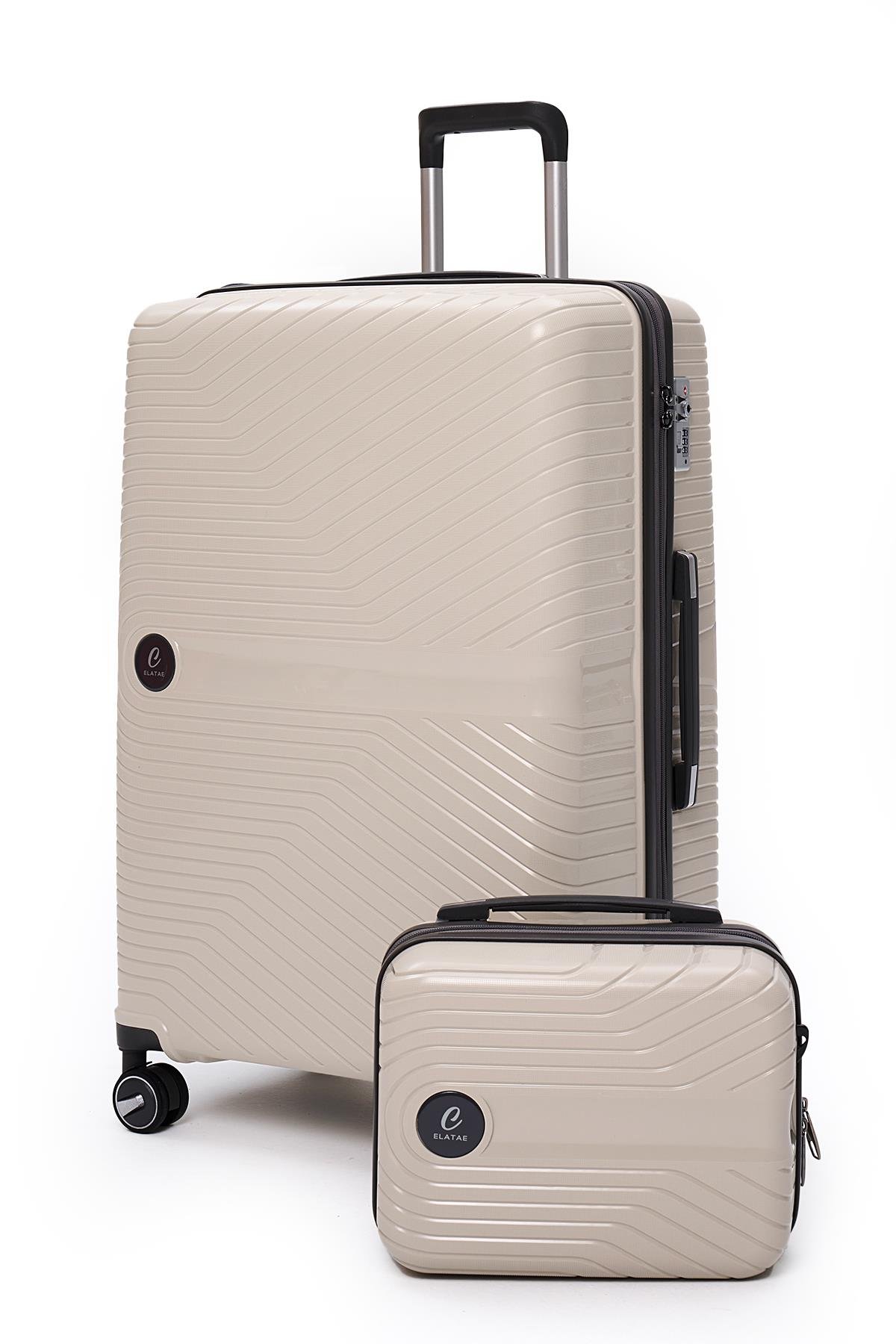 Elatae Exclusive Pro Polipropilen Kırılmaz 2li Valiz Seti Büyük Boy ve Makyaj 2li Set Bej - Antrasit 5239