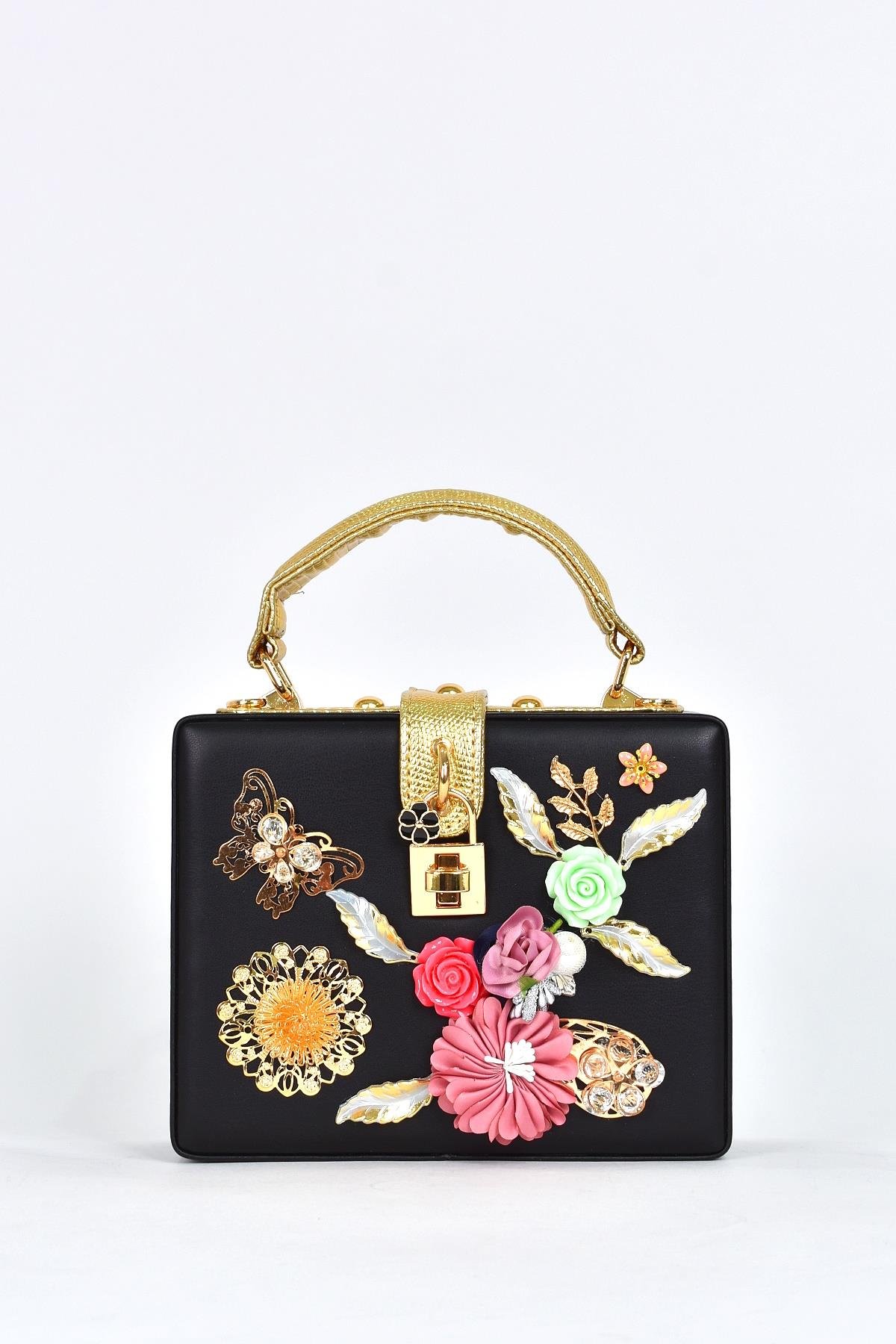 Elatae Kadın Omuz Askılı Çiçekli Abiye Günlük El Çantası Siyah 17605