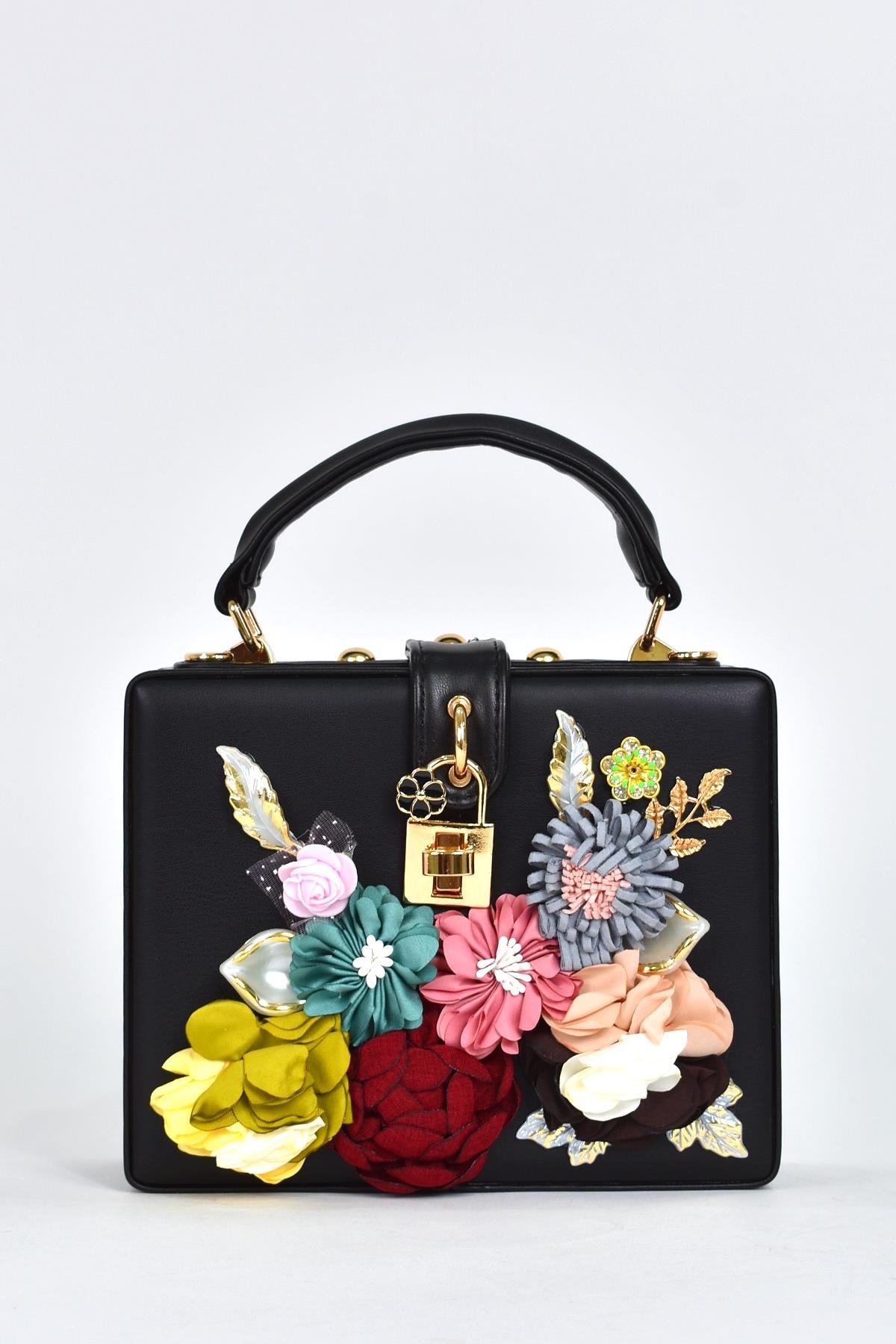 Elatae Kadın Omuz Askılı Çiçekli Taşlı Abiye Günlük El Çantası Siyah 17613