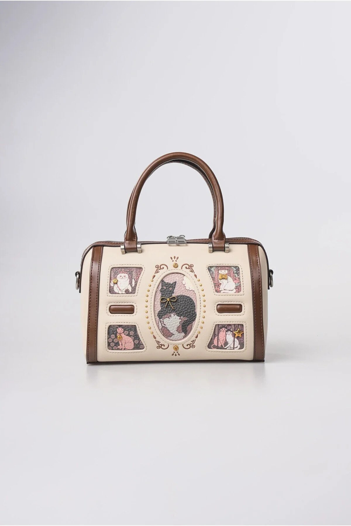 Ççs Kadın Kedi Desenli Vintage Deri Görünümlü Silindir Model Fermuarlı El ve Omuz Çantası Beyaz 18402