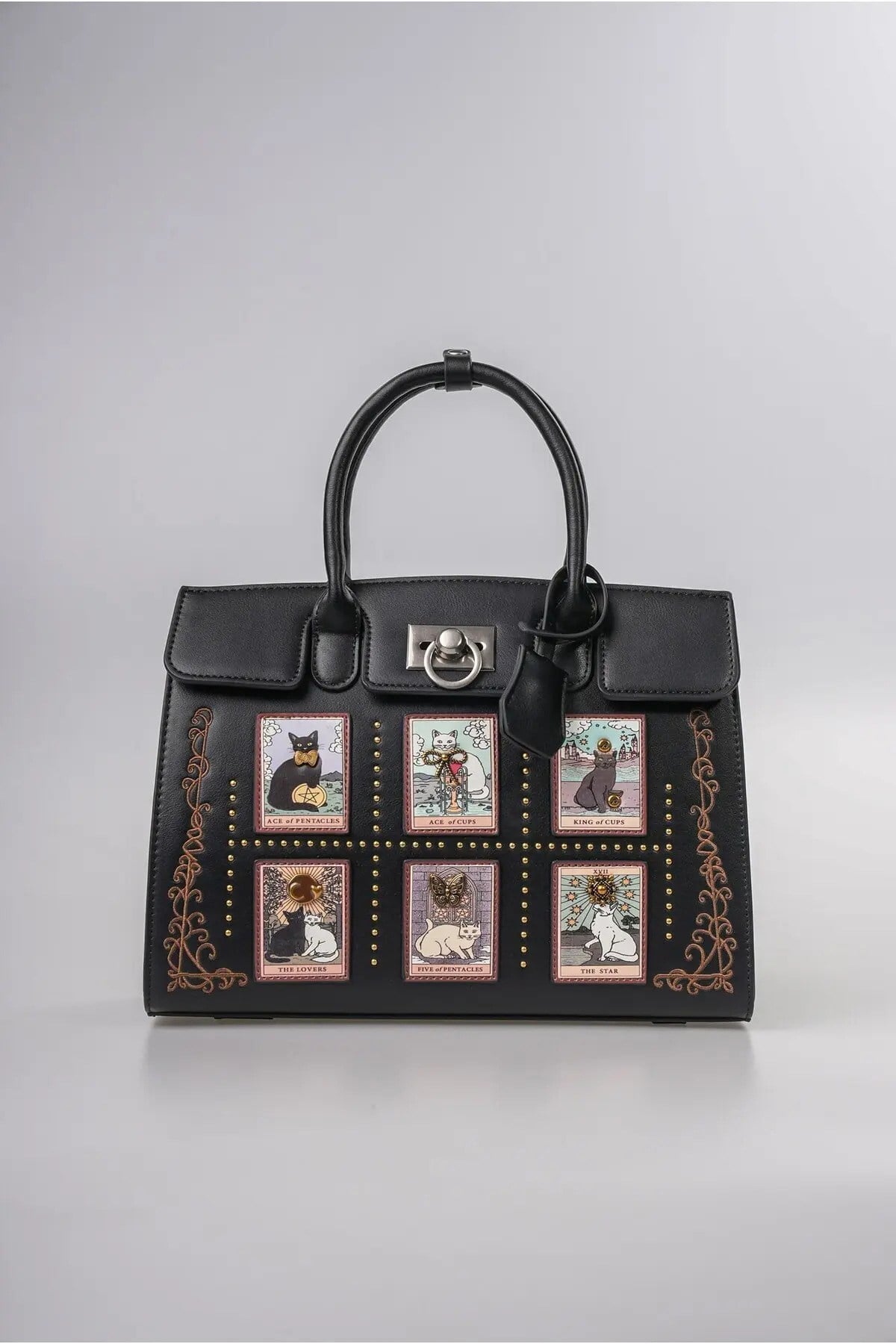 Ççs Kadın Kedi Figürlü Tarot Kartı Desenli Deri Görünümlü Metal Tokalı Vintage El ve Kol Çantası Siyah 18399