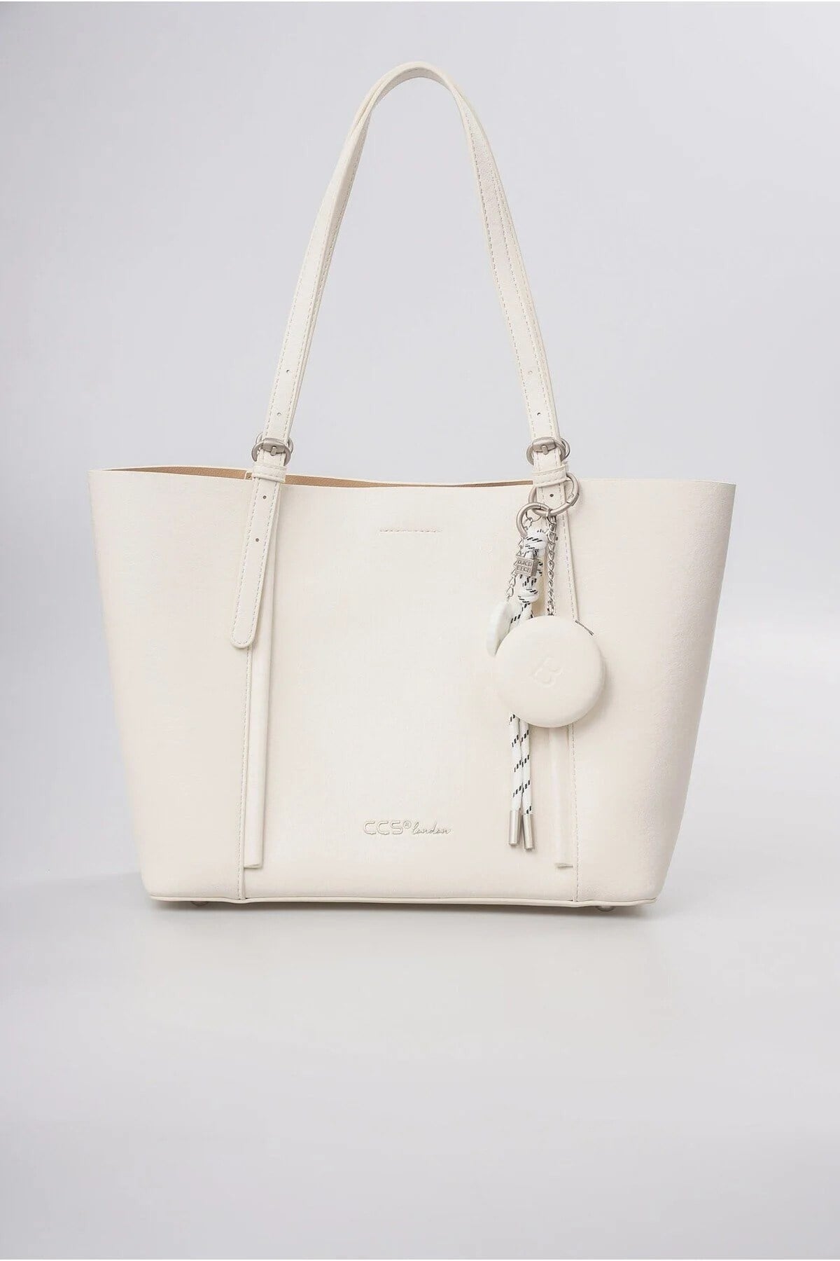 ÇÇS Kadın Shopper Omuz Çantası Ayna Charm Detaylı Büyük Boy Geniş Hacimli Günlük Çanta Beyaz 18353