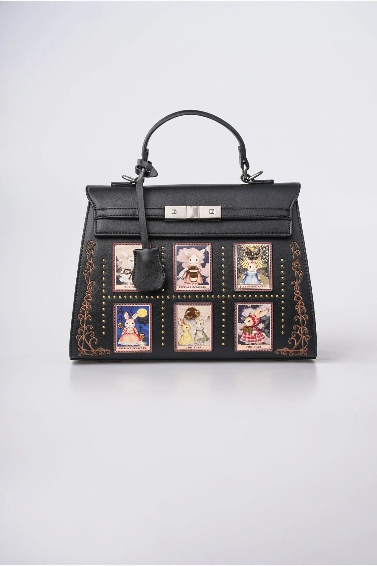 Ççs Kadın Tavşan Figürlü Tarot Kartı Desenli Vintage Deri Görünümlü Metal Tokalı El ve Kol Çantası Siyah 18400