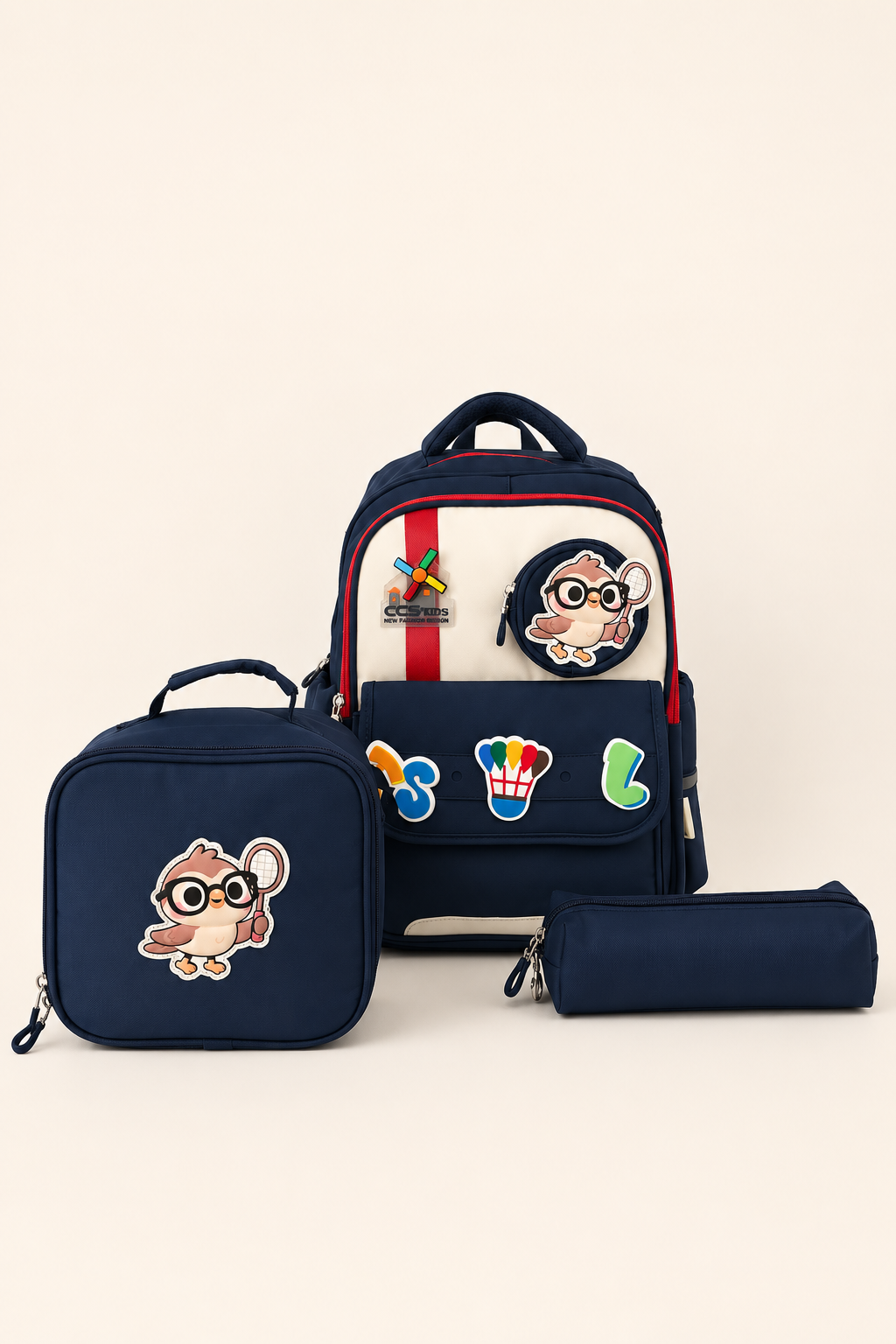 CCS Kids İlkokul Okul Çantası 3'lü Set Beslenme Çantası Kalemlik Ortopedik Çok Gözlü Lacivert 51979