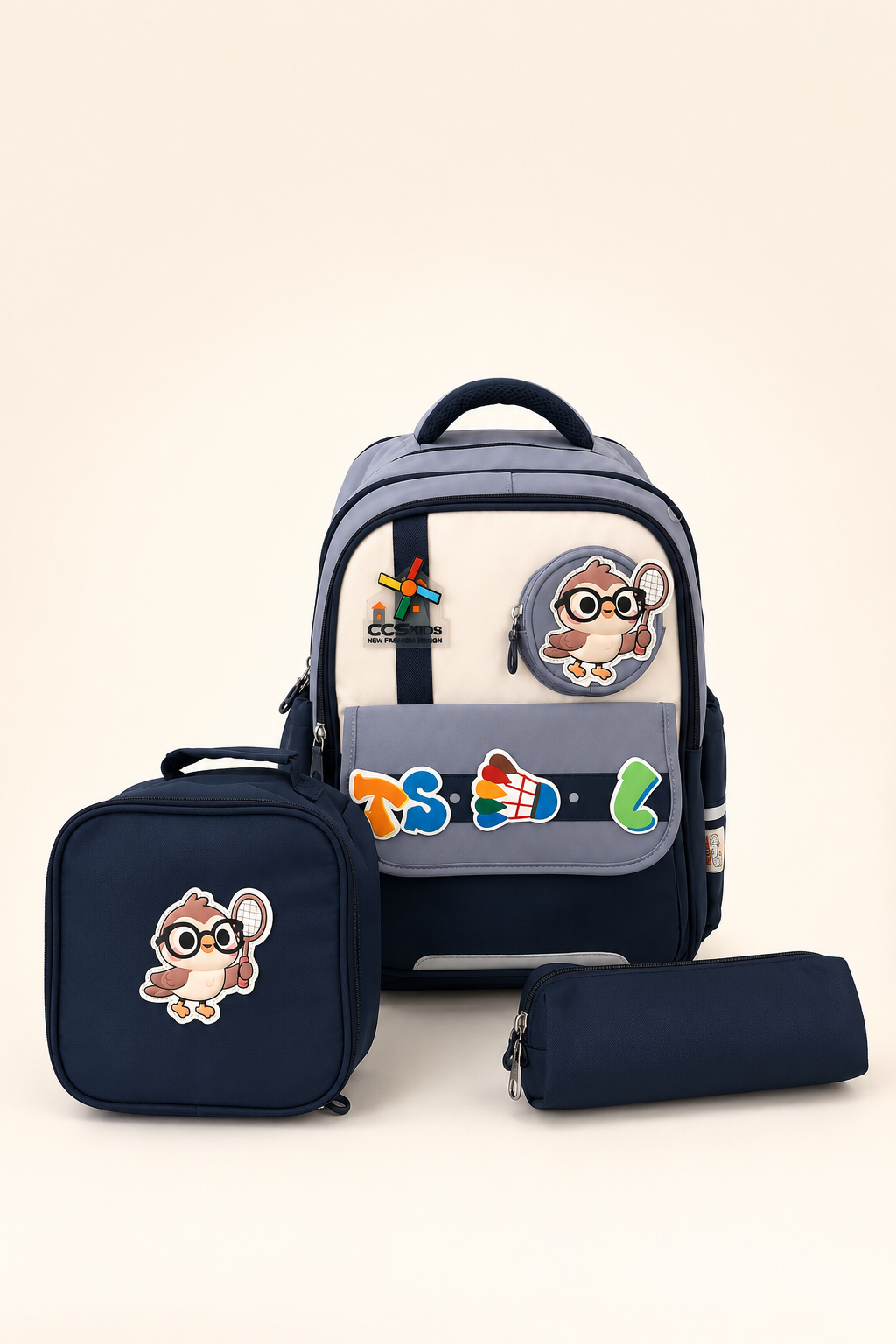 CCS Kids İlkokul Okul Çantası 3'lü Set Beslenme Çantası Kalemlik Ortopedik Geniş Hacim Lacivert Gri