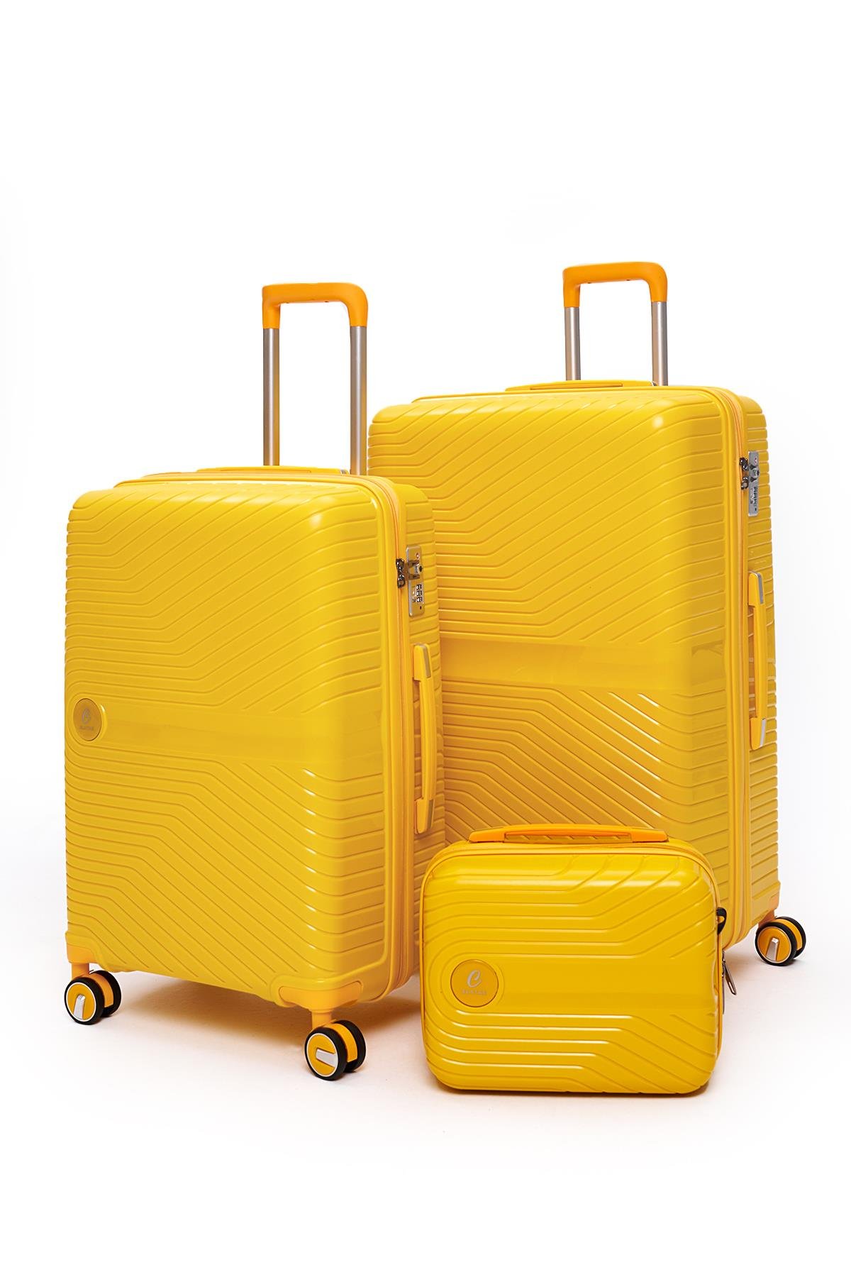 Elatae Exclusive Pro Polipropilen Kırılmaz 3'lü Valiz Seti Büyük - Orta Boy ve Makyaj Çantası Sarı 5239