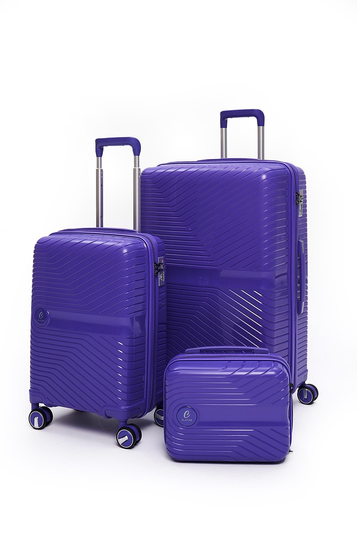 Elatae Exclusive Pro Polipropilen Kırılmaz 3'lü Valiz Seti Büyük - Kabin Boy ve Makyaj Çantası Mor 5239