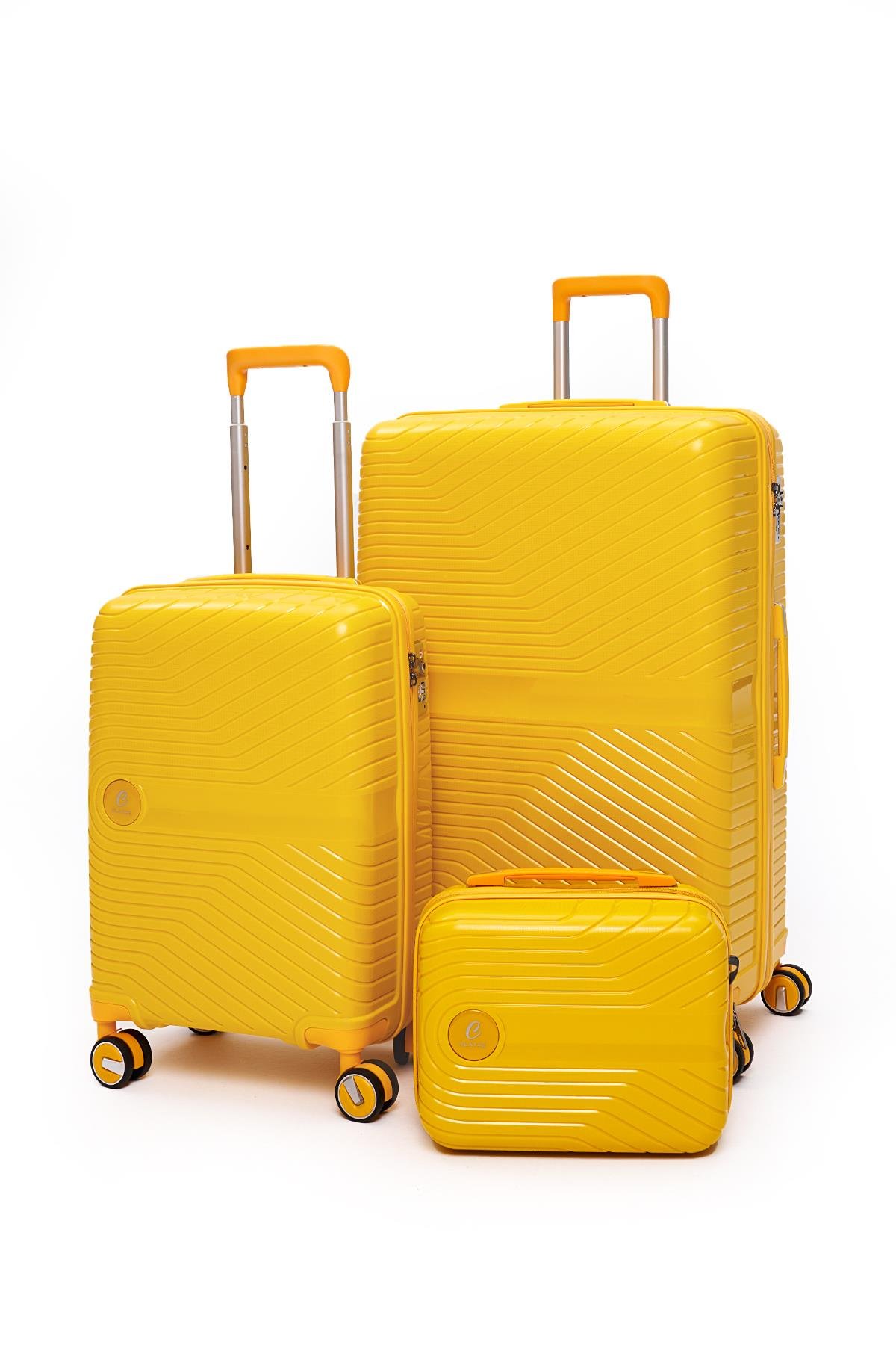 Elatae Exclusive Pro Polipropilen Kırılmaz 3'lü Valiz Seti Büyük - Kabin Boy ve Makyaj Çantası Sarı 5239