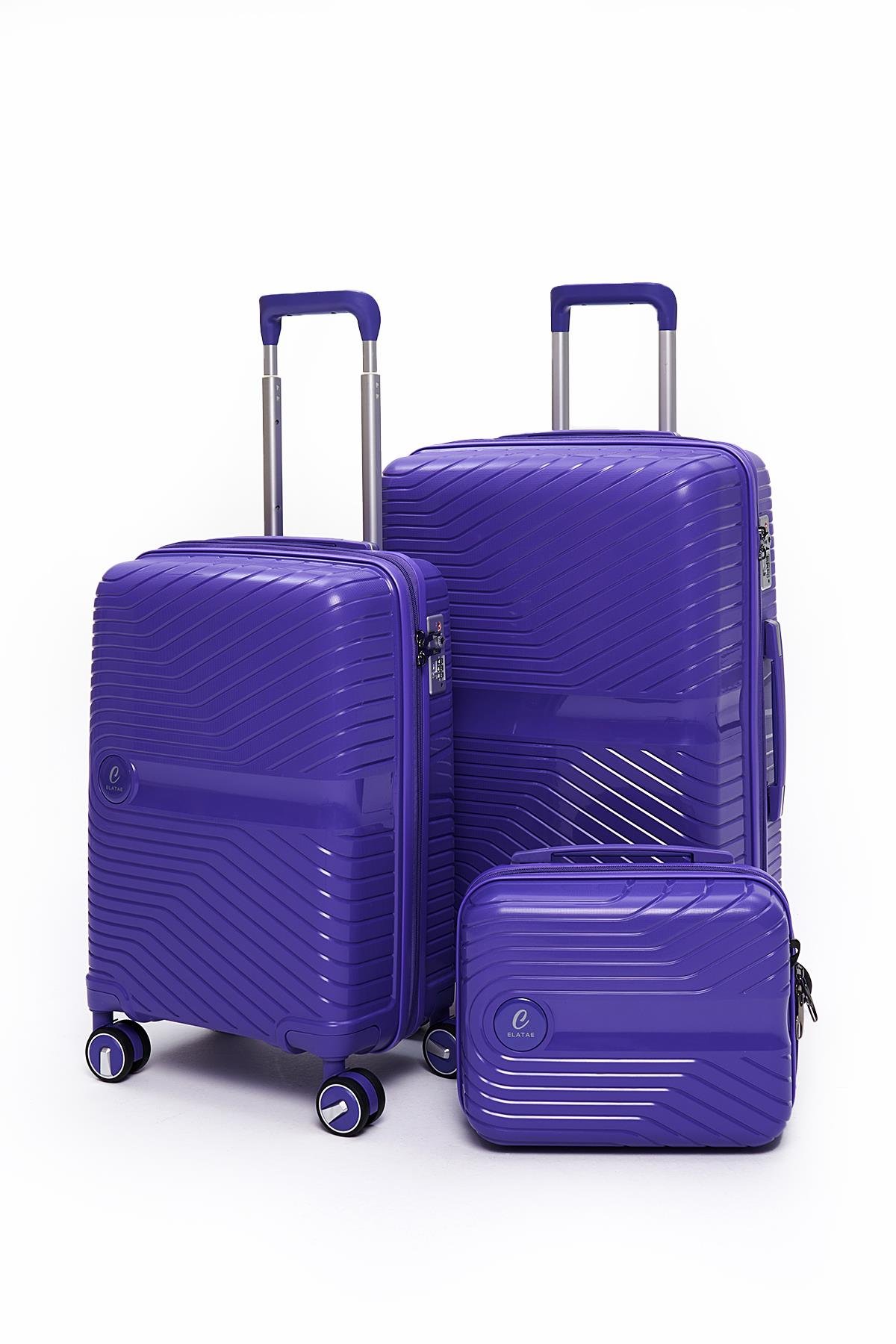 Elatae Exclusive Pro Polipropilen Kırılmaz 3'lü Valiz Seti Orta - Kabin Boy ve Makyaj Çantası Mor 5239
