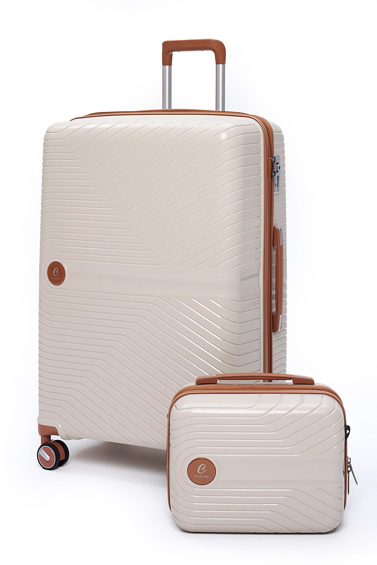 Elatae Exclusive Pro Polipropilen Kırılmaz 2'li Valiz Seti Büyük Boy ve Makyaj 2'li Set Bej - Camel 5239