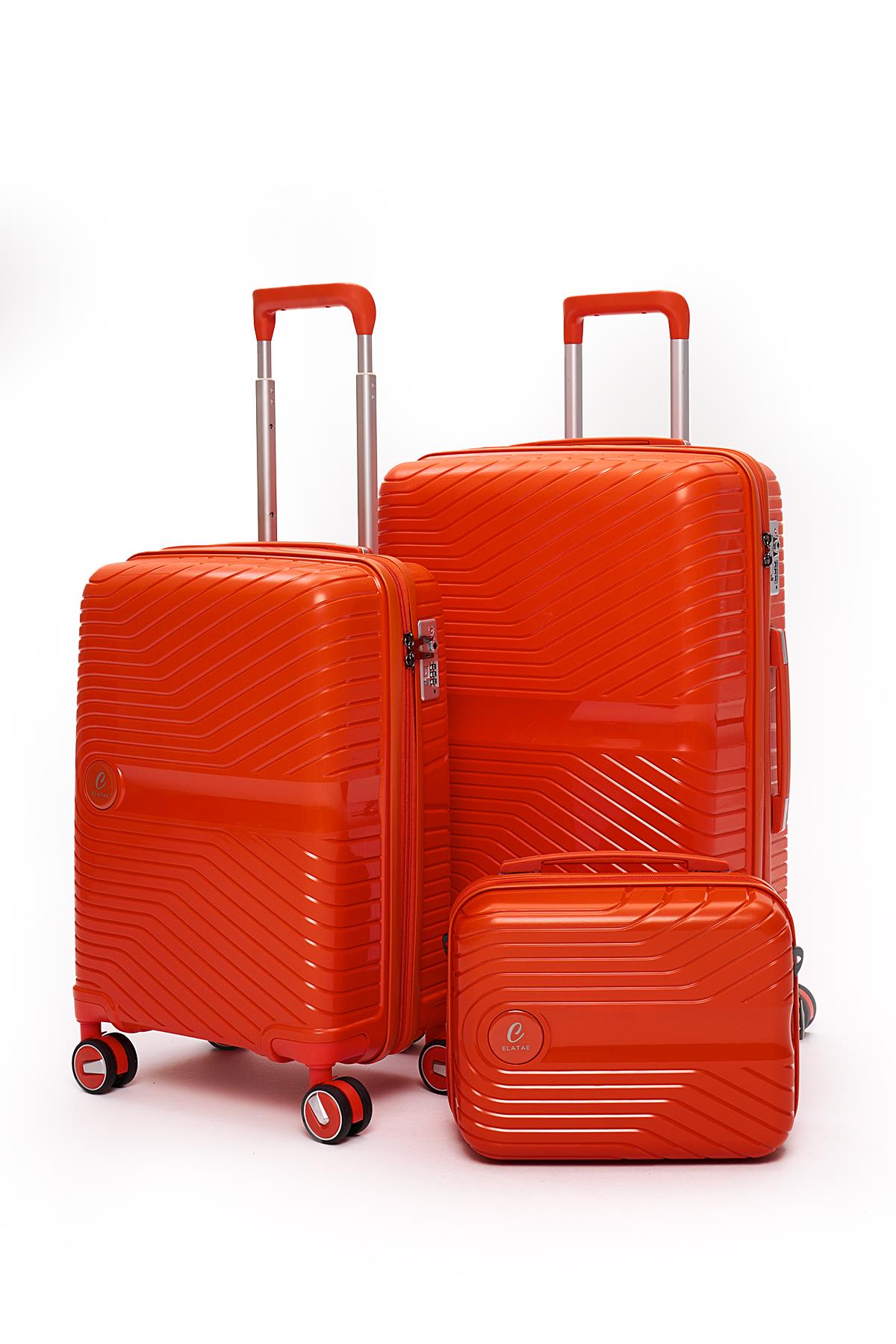 Elatae Exclusive Pro Polipropilen Kırılmaz 3'lü Valiz Seti Orta - Kabin Boy ve Makyaj Çantası Turuncu 5239