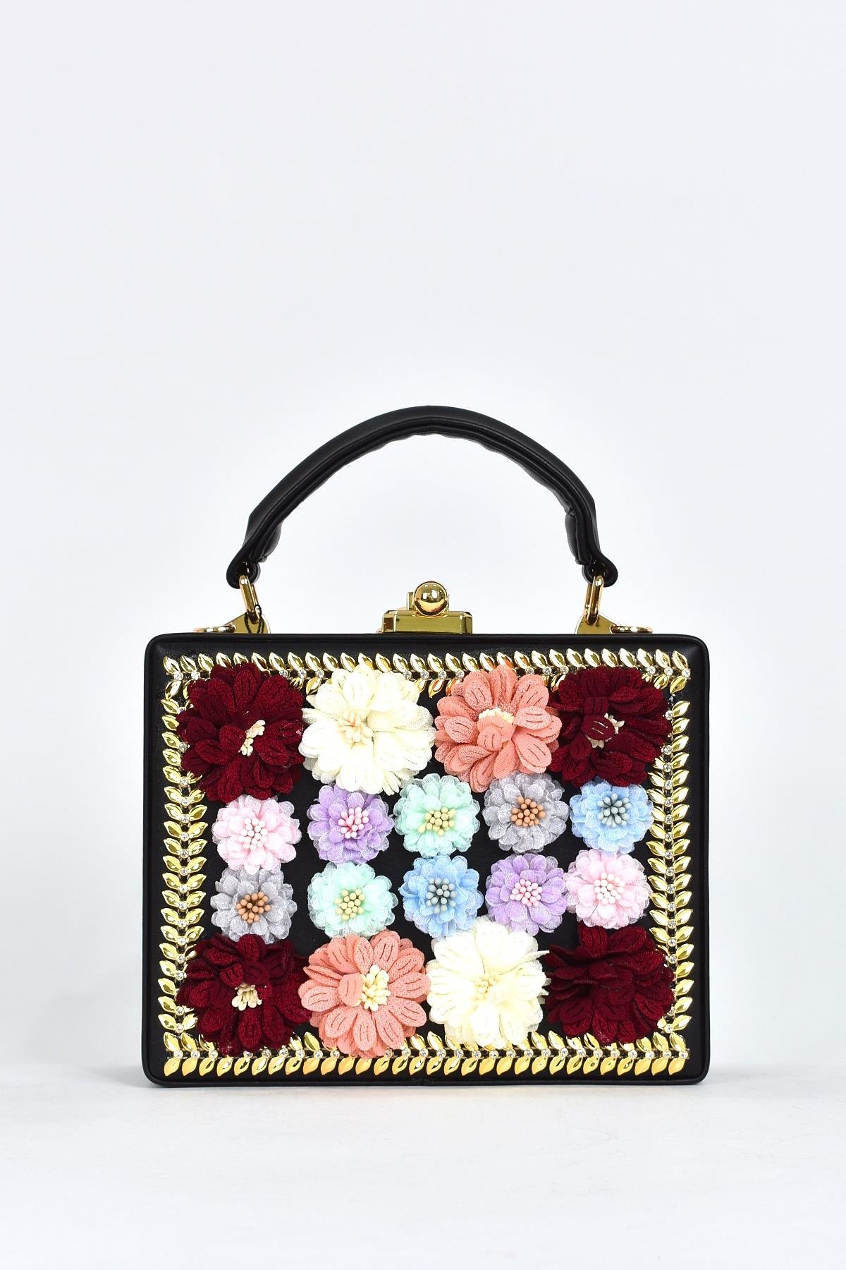 Elatae Kadın Omuz Askılı Çiçekli Taşlı Abiye Günlük El Çantası Siyah 17611