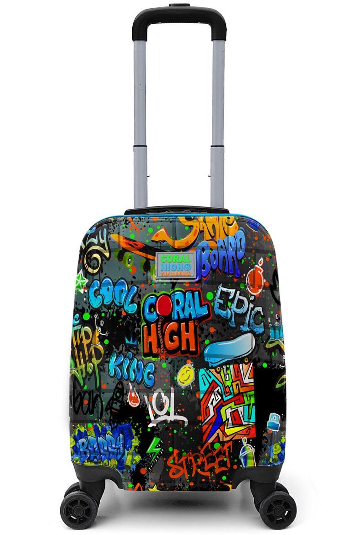 Elatae Policarbon Kırılmaz Çocuk Valizi Siyah Mavi Grafiti Desenli