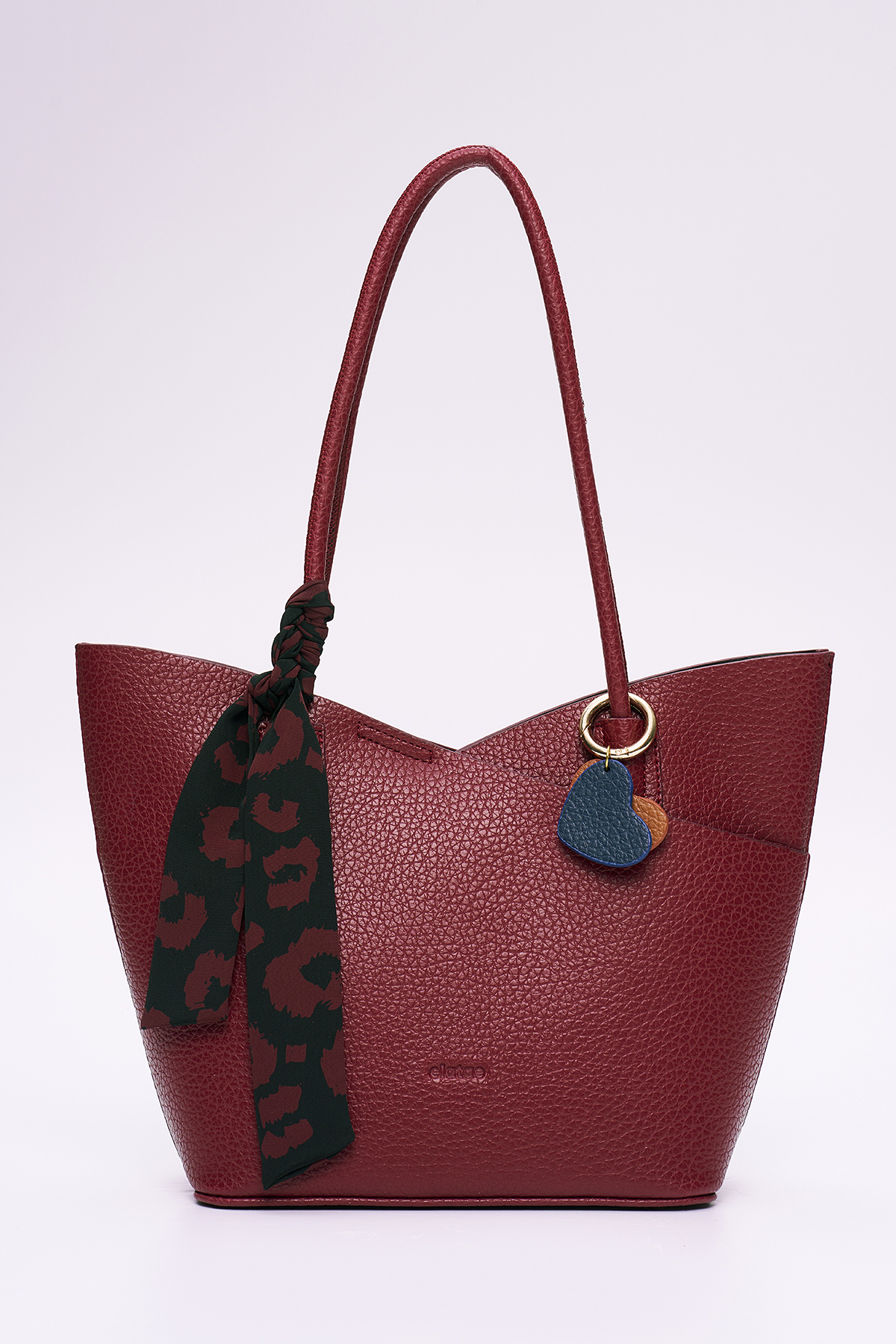 Elatae Tote Kadın Omuz Çantası Bordo – Çapraz Çantasıyla, Kalpli Charm ve Şal Detaylı ELA2017