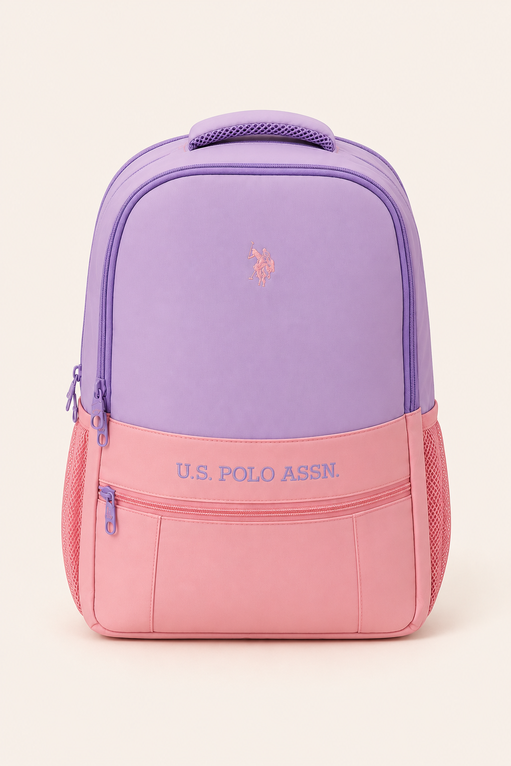U.S. Polo Assn. Kız Çocuk Okul Sırt Çantası Ortopedik Hafif Çok Bölmeli Matara Cepli Lila Pudra
