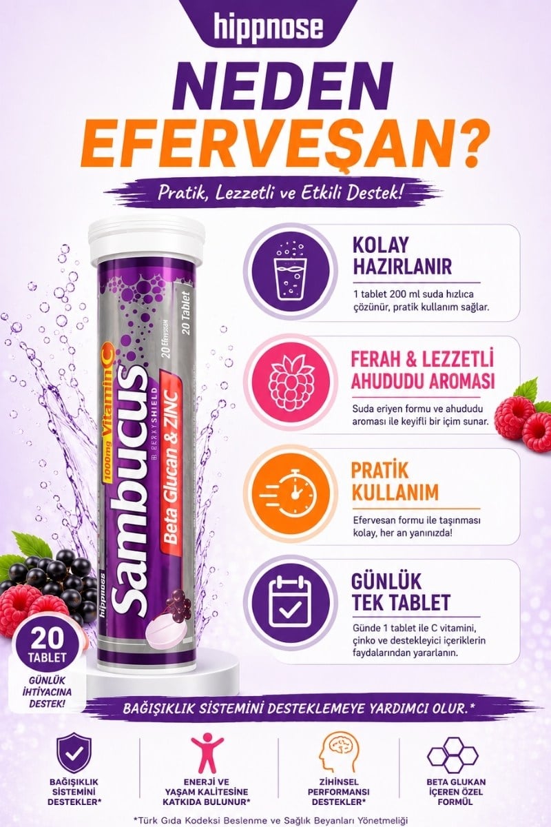  Hippnose Karamürver Ekstresi + Beta Glukan + C Vitamini + Çinko İçeren 20 Efervesan Tablet