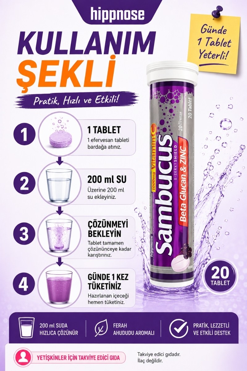  Hippnose Karamürver Ekstresi + Beta Glukan + C Vitamini + Çinko İçeren 20 Efervesan Tablet