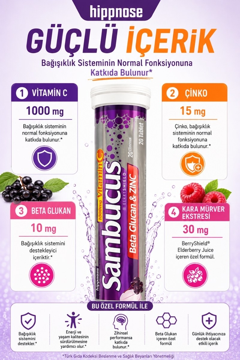  Hippnose Karamürver Ekstresi + Beta Glukan + C Vitamini + Çinko İçeren 20 Efervesan Tablet