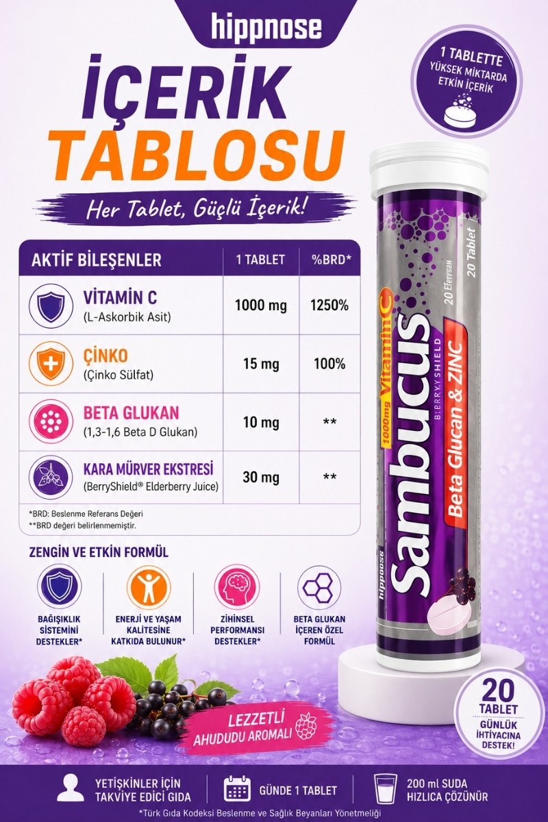  Hippnose Karamürver Ekstresi + Beta Glukan + C Vitamini + Çinko İçeren 20 Efervesan Tablet