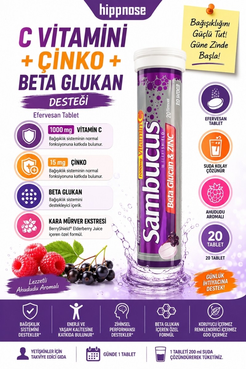  Hippnose Karamürver Ekstresi + Beta Glukan + C Vitamini + Çinko İçeren 20 Efervesan Tablet
