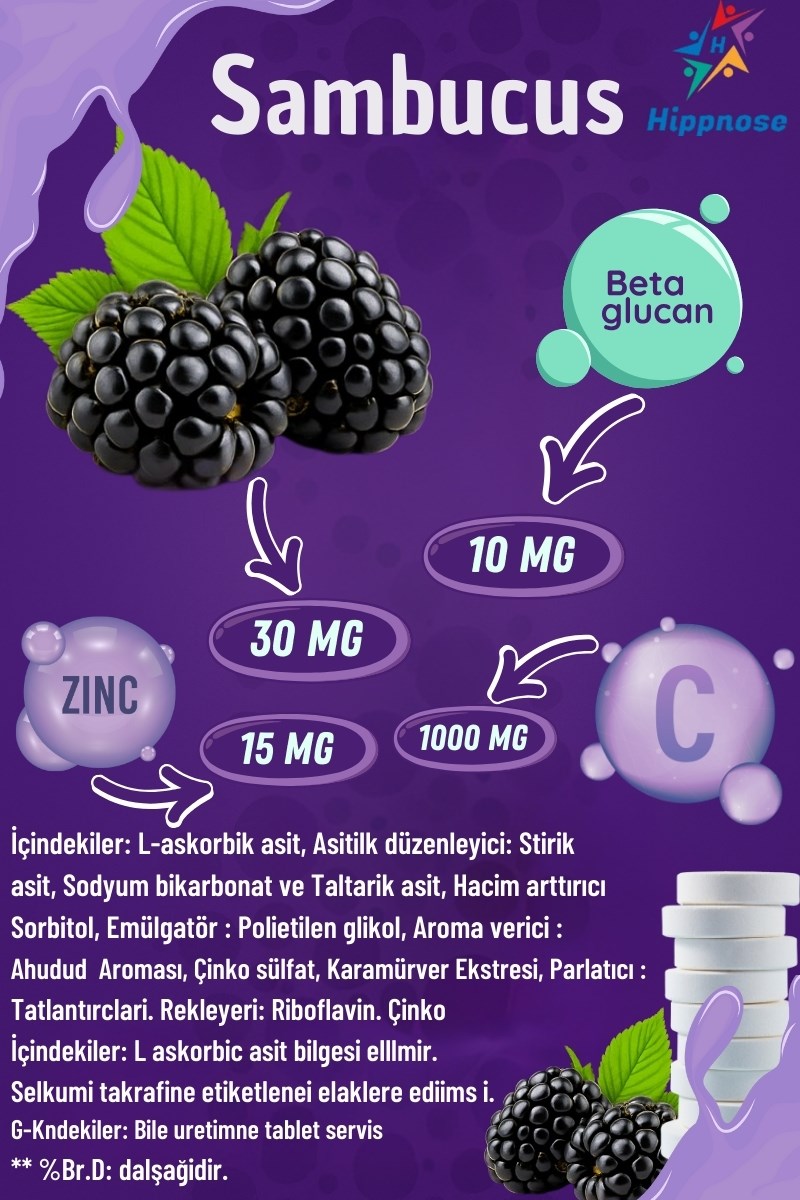  Hippnose Karamürver Ekstresi + Beta Glukan + C Vitamini + Çinko İçeren 20 Efervesan Tablet