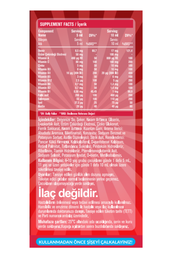 Ferro Apt Demir, Üzüm Çekirdeği Ekstresi ve Multivitamin İçeren Sıvı Takviye Edici Gıda Şurup 200 ml