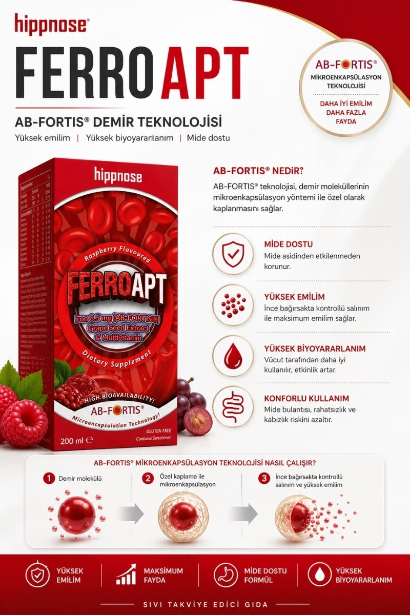Ferro Apt Demir, Üzüm Çekirdeği Ekstresi ve Multivitamin İçeren Sıvı Takviye Edici Gıda Şurup 200 ml