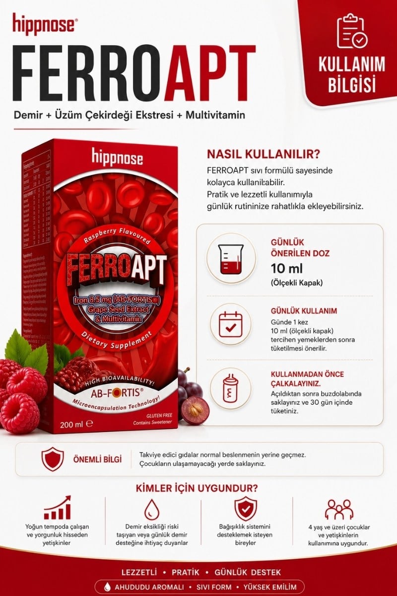 Ferro Apt Demir, Üzüm Çekirdeği Ekstresi ve Multivitamin İçeren Sıvı Takviye Edici Gıda Şurup 200 ml