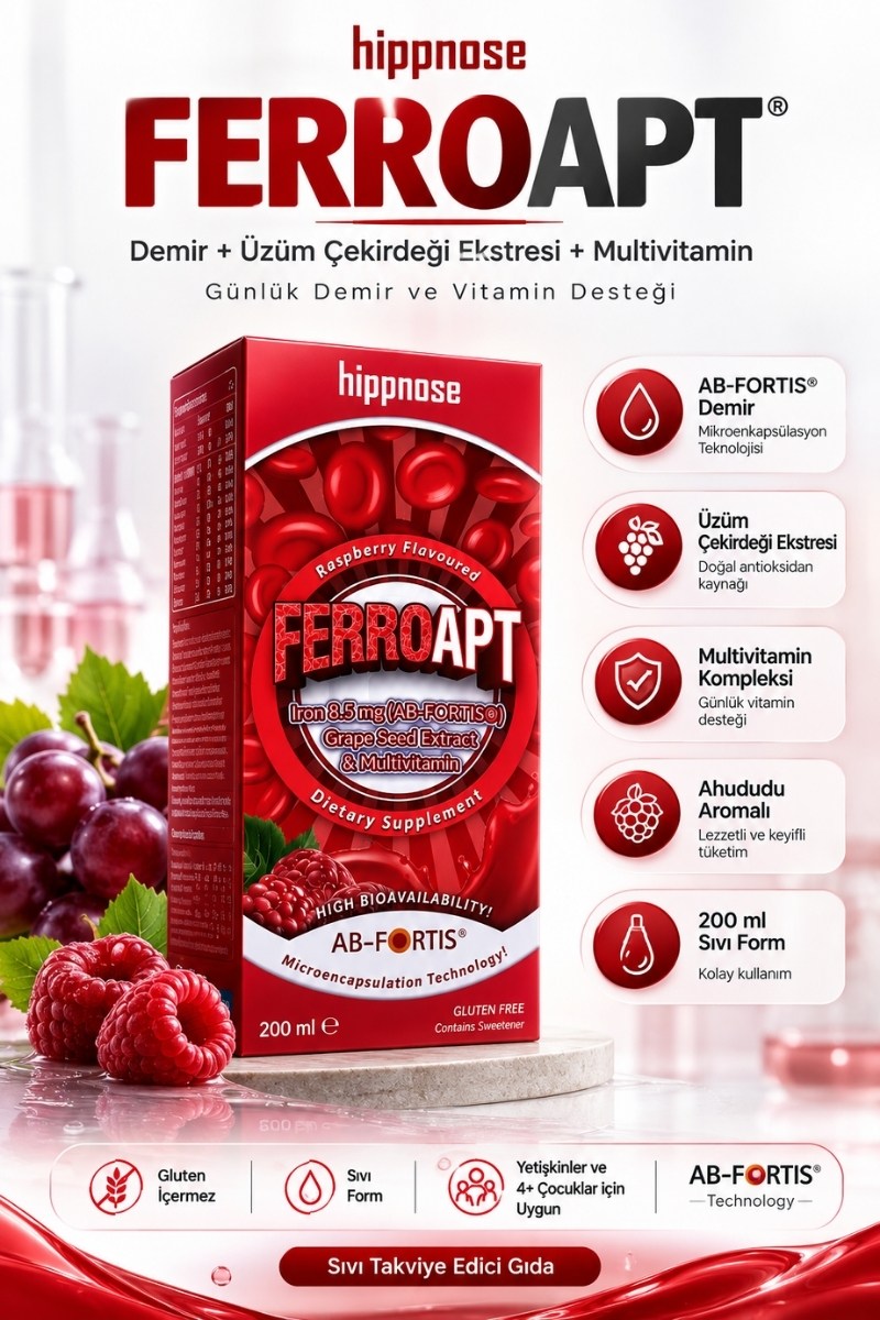 Ferro Apt Demir, Üzüm Çekirdeği Ekstresi ve Multivitamin İçeren Sıvı Takviye Edici Gıda Şurup 200 ml