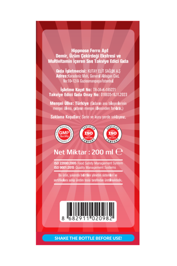 Ferro Apt Demir, Üzüm Çekirdeği Ekstresi ve Multivitamin İçeren Sıvı Takviye Edici Gıda Şurup 200 ml