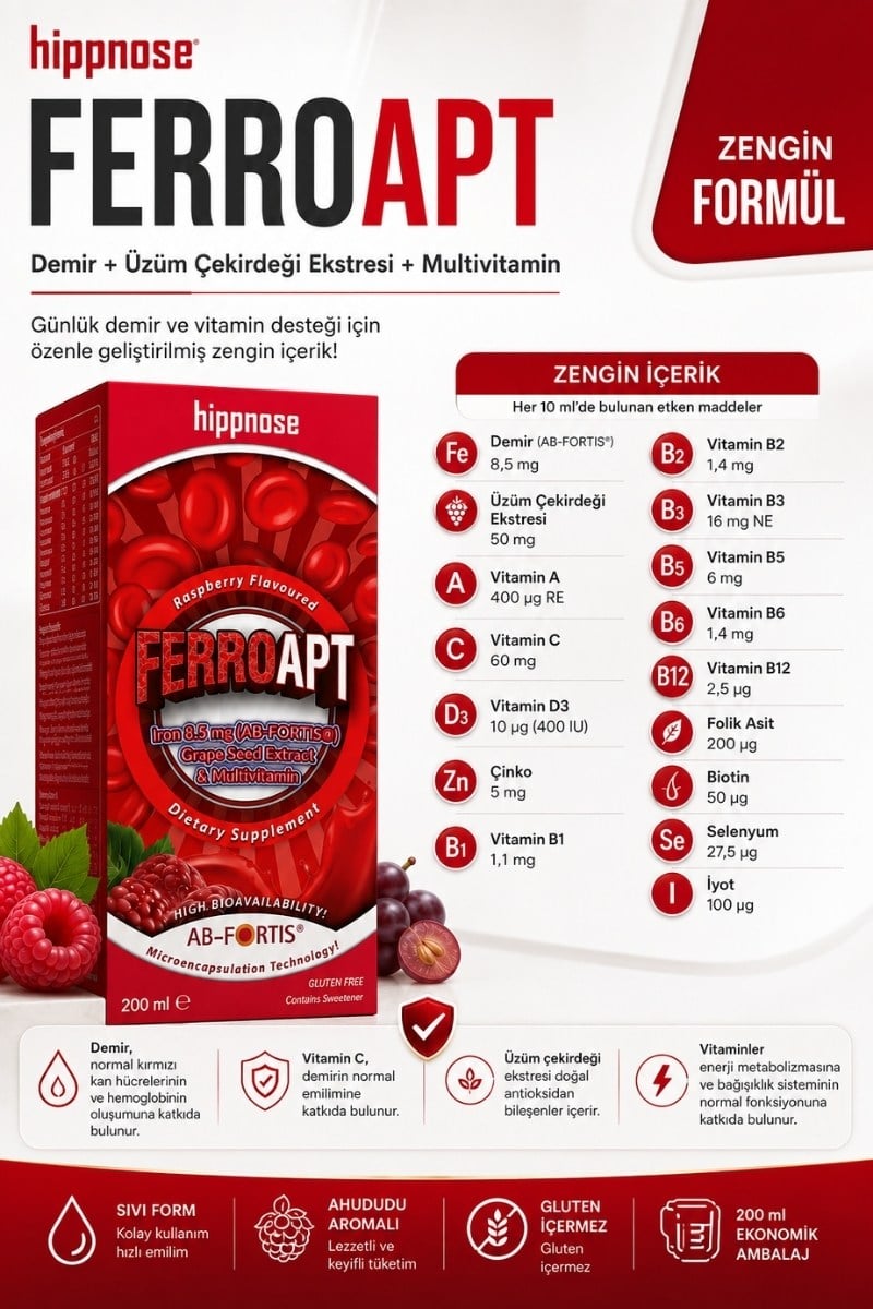 Ferro Apt Demir, Üzüm Çekirdeği Ekstresi ve Multivitamin İçeren Sıvı Takviye Edici Gıda Şurup 200 ml