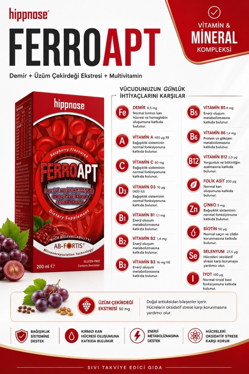 Ferro Apt Demir, Üzüm Çekirdeği Ekstresi ve Multivitamin İçeren Sıvı Takviye Edici Gıda Şurup 200 ml