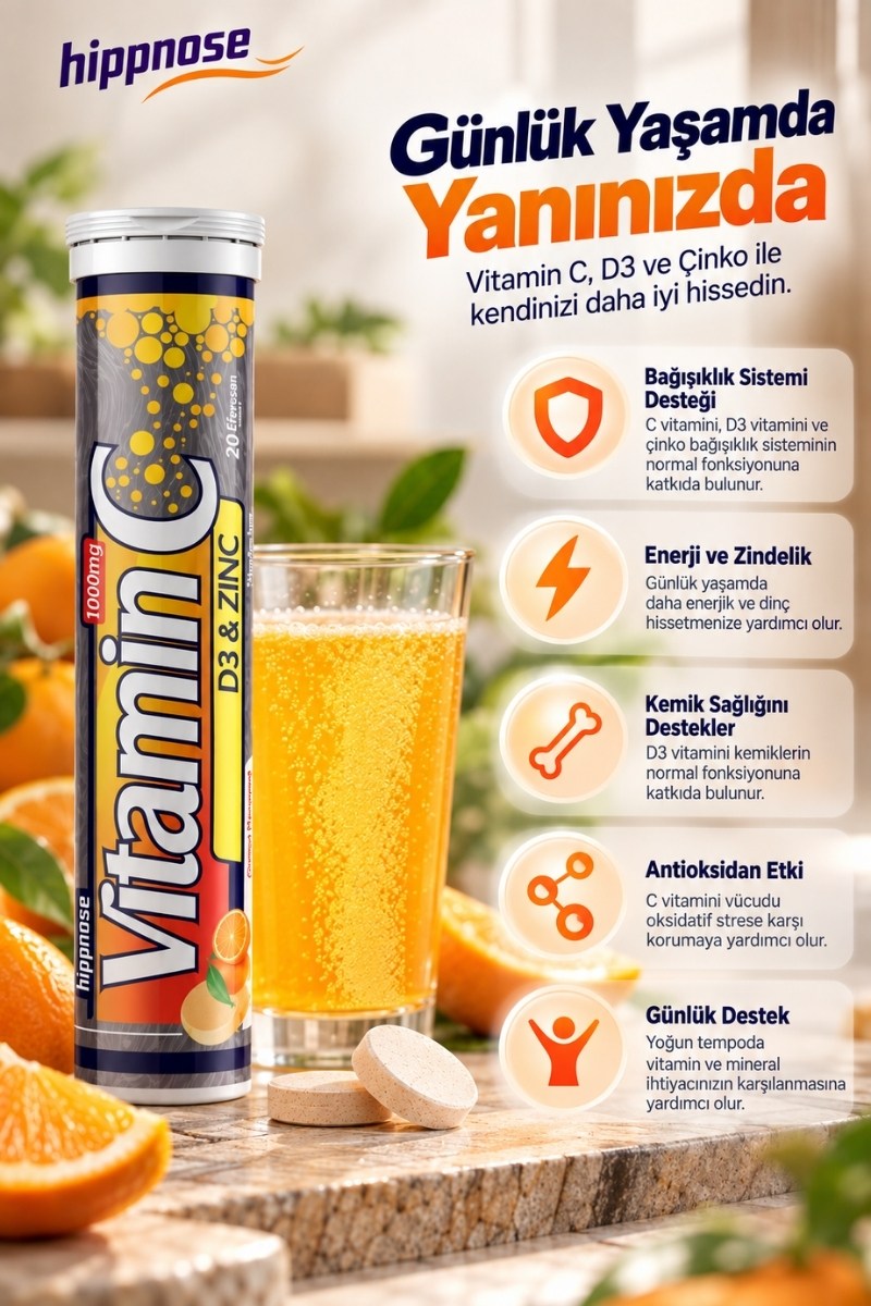 Hippnose Vitamin C + Çinko + Vitamin D3 İçeren 20 Efervesan Tablet