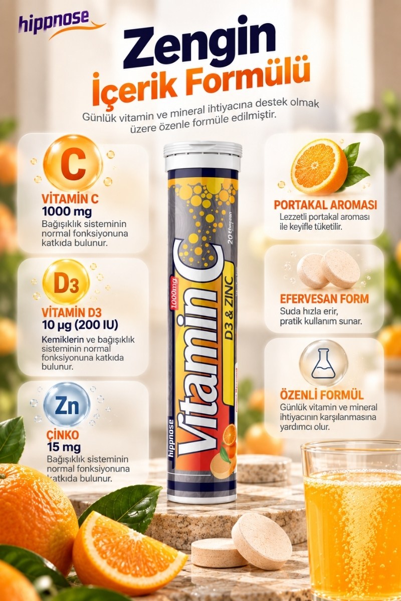 Hippnose Vitamin C + Çinko + Vitamin D3 İçeren 20 Efervesan Tablet