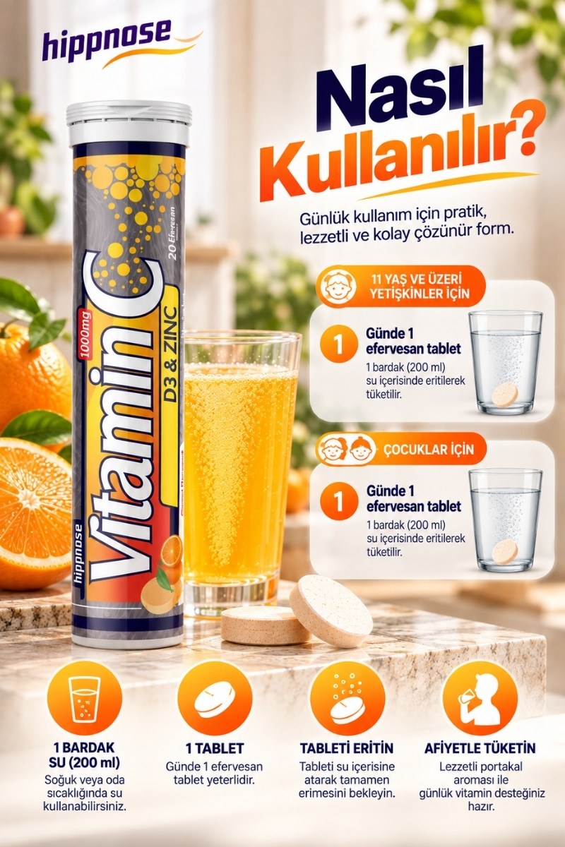Hippnose Vitamin C + Çinko + Vitamin D3 İçeren 20 Efervesan Tablet