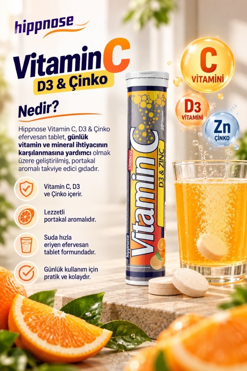 Hippnose Vitamin C + Çinko + Vitamin D3 İçeren 20 Efervesan Tablet